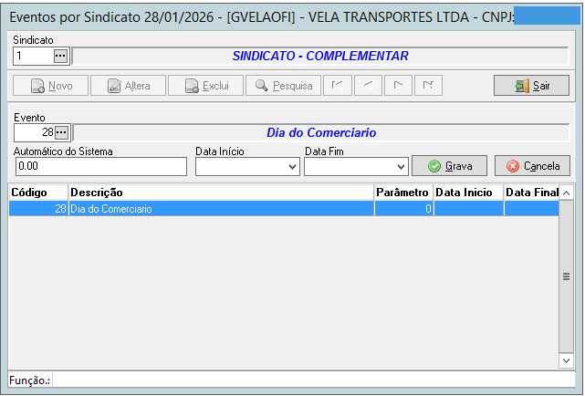 Janela de configuração "Eventos por Sindicato" mostrando o evento código 28 "Dia do Comerciario" selecionado para parametrização no sistema.