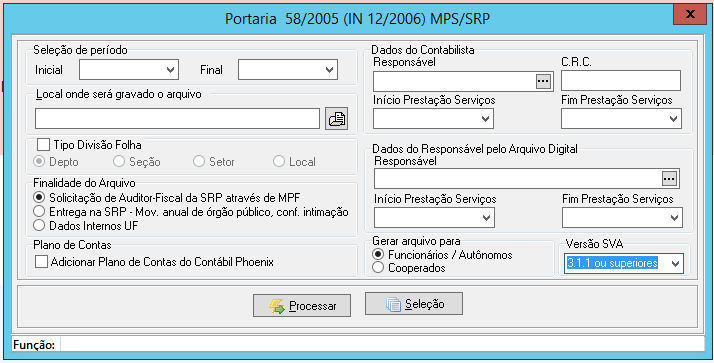 Janela de configuração da Portaria 58/2005 com campos para definir período, local do arquivo, dados do contabilista e botão Processar.