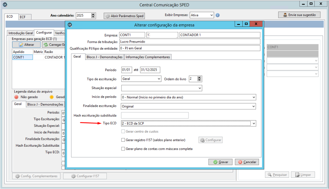Tela de configuração da empresa no sistema contábil. Uma seta vermelha aponta para o campo "Tipo ECD" selecionado como "2 - ECD da SCP".