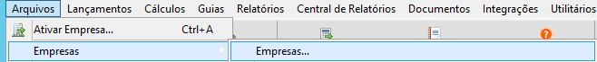 Menu Arquivos do sistema com a opção Empresas selecionada dentro do submenu Empresas.