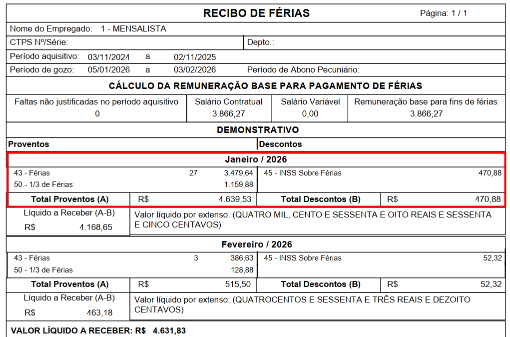 Recibo de férias referente a janeiro/2026. Detalha proventos (27 dias de férias + 1/3) e descontos de INSS, com destaque em vermelho nos totais.