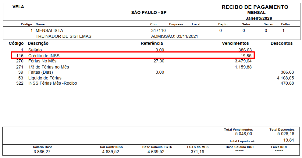 Recibo de pagamento mensal de janeiro/2026. Destaque exclusivo com retângulo vermelho na linha do evento "116 Crédito de INSS", valor de 19,85.