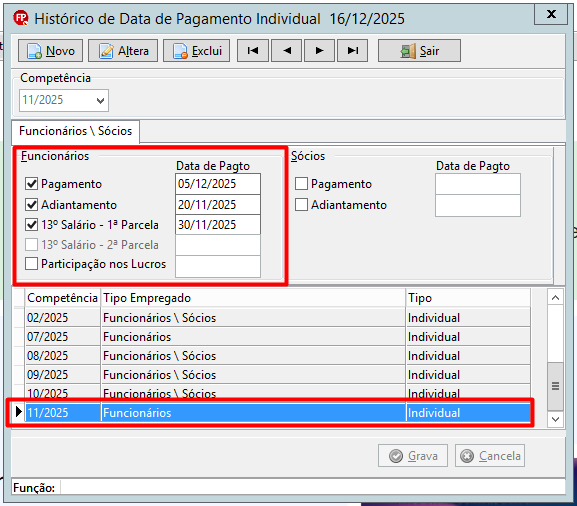 Janela Histórico de data de pagamento individual destacando os campos de datas preenchidos na competência 11/2025.