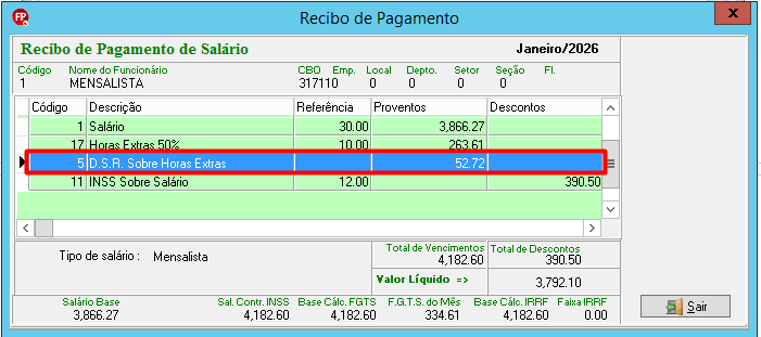 Recibo de Pagamento de Jan/2026. Destaque na linha do evento código 5 "D.S.R. Sobre Horas Extras".