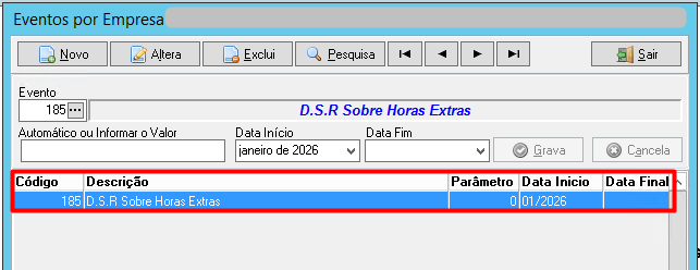 Tela Eventos por Empresa. Mostra o cadastro e lista do evento 185 "D.S.R Sobre Horas Extras" com data de início em janeiro de 2026.
