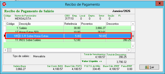 Recibo de Pagamento. Linha destacada em azul mostra o código 185 "D.S.R Sobre Horas Extras".