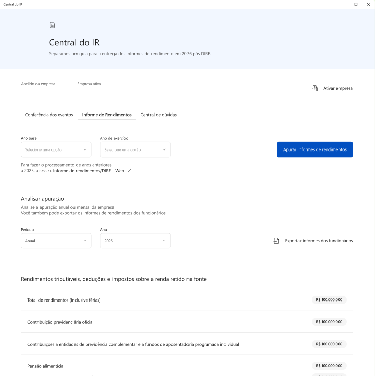 Aba 'Informe de rendimentos' ativa, mostrando seletores de ano e o botão azul 'Apurar informes de rendimentos'.