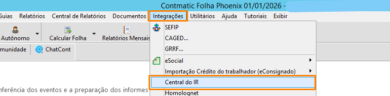 Menu superior 'Integrações' do sistema Folha com a opção 'Central do IR' destacada na lista suspensa.