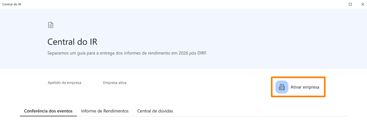 Tela de boas-vindas da 'Central do IR', destacando o botão 'Ativar empresa' localizado no lado direito da interface.