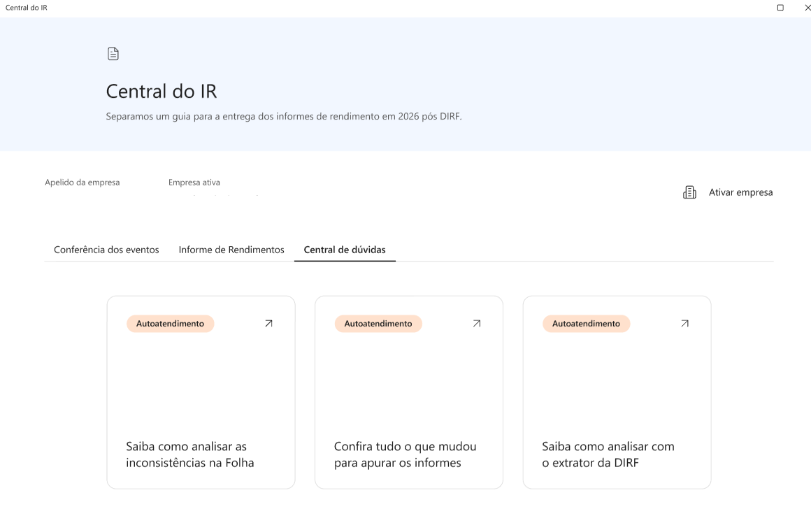 Aba 'Central de dúvidas' selecionada, apresentando cards com links diretos para artigos de ajuda do Autoatendimento.