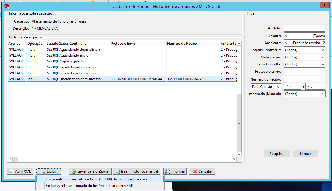 Menu do botão Excluir aberto com a opção "Enviar automaticamente exclusão (S-3000) do evento selecionado".