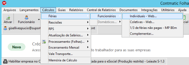 Captura de tela do menu Cálculos > Férias > Individuais - Web no software Contmatic Folha.
