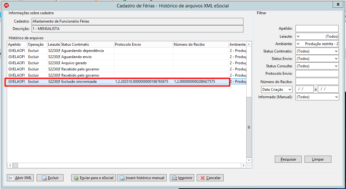 Tela de histórico de XML do eSocial destacando em vermelho o evento S-2230 com o status de "Exclusão sincronizada" na lista.
