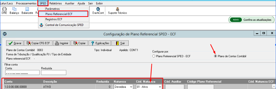 Tela de configuração no sistema contábil: Conta 'ATIVO' definida com Natureza 'Devedora' e Cód. Natureza '01 - Ativo' para correção.