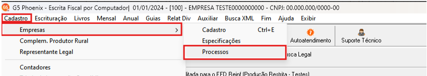 Menu de navegação do sistema G5 Phoenix destacando o caminho: menu Cadastro, submenu Empresas e a opção Processos selecionada.