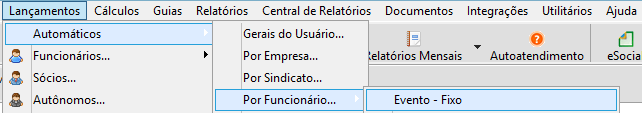 Caminho do menu Lançamentos, submenu Automáticos, opção Por funcionário e seleção de Evento - fixo em destaque.