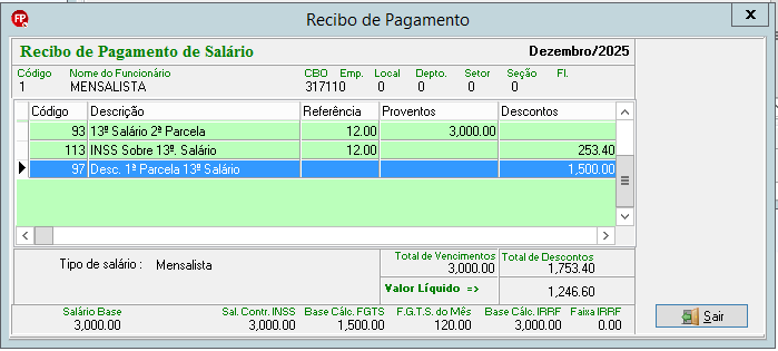 Recibo de dezembro padrão. Valor bruto (R$ 3.000) menos INSS e o desconto da 1ª parcela (R$ 1.500), resultando em líquido de R$ 1.246,60.