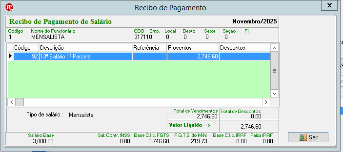 Recibo de novembro com antecipação integral. A 1ª parcela aparece com valor elevado de R$ 2.746,60, correspondendo ao total líquido do benefício.