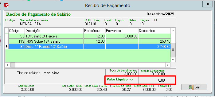 Recibo de dezembro com valor líquido zerado (destaque em vermelho). O adiantamento integral e os impostos anulam o valor a receber na quitação.