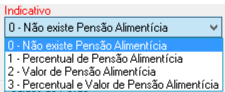 Menu suspenso "Indicativo" para configuração de Pensão Alimentícia, com opções de não existência, percentual, valor fixo ou ambos.