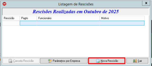 Janela "Listagem de Rescisões" do software Phoenix, exibindo uma tabela vazia e o botão "Nova Rescisão" em destaque com borda vermelha.