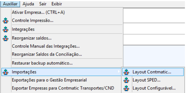 Menu do sistema com a opção Importações selecionada e o cursor sobre o submenu Layout Contmatic.