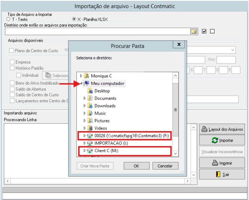 Janela de seleção de diretório mostrando a navegação de Meu computador até a seleção da unidade de rede Client C (M:).