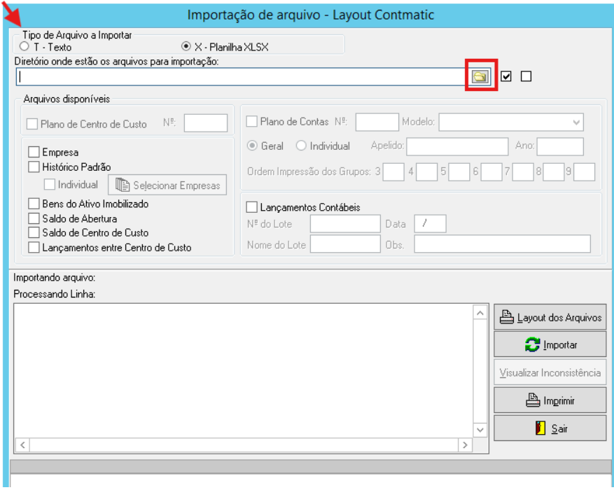 Tela de configuração de importação selecionada para Planilha XLSX, com destaque no ícone de pasta para buscar o arquivo.