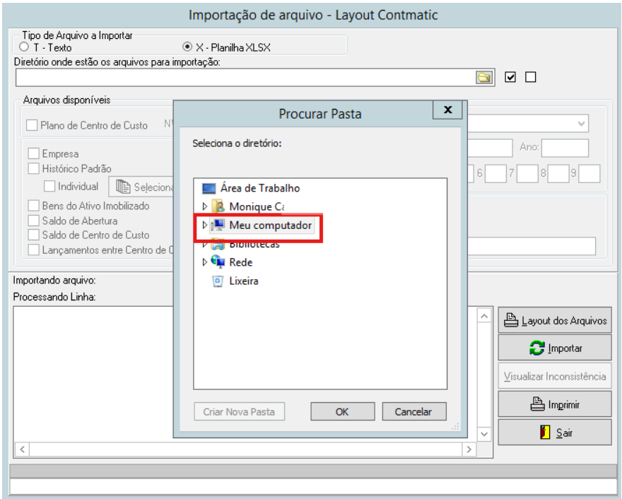 Janela Procurar Pasta aberta com a opção Meu computador destacada por um retângulo vermelho.