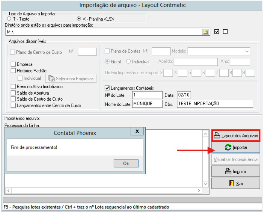 Pop-up com a mensagem Fim de processamento! exibida após o acionamento do botão Importar, indicado por uma seta.