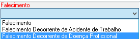 Menu suspenso com o título "Falecimento" e as opções: Falecimento, Falecimento Decorrente de Acidente de Trabalho e Falecimento Decorrente de Doença Profissional.