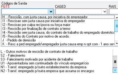 Menu de Códigos de Saída do FGTS, listando motivos como Rescisão com ou sem justa causa e pedido de demissão.