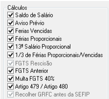Lista de seleção (checkbox) para itens de cálculo da rescisão, como Saldo de Salário, Férias, 13º e Multa do FGTS.