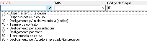 Menu de Códigos CAGED para desligamento, com opções como dispensa sem justa causa, término de contrato e acordo.