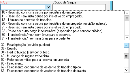 Lista de códigos RAIS para motivos de desligamento, incluindo rescisão indireta, transferência e falecimento.