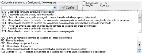 Menu suspenso com códigos de afastamento Homolognet, como SJ2 (Despedida sem justa causa) e SJ1 (Rescisão a pedido do empregado).