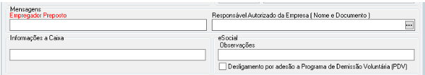 Campos de texto para Mensagens do Empregador Preposto, Responsável Autorizado, Informações à Caixa e observações do eSocial (PDV).