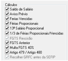Lista de seleção (checkbox) para itens de cálculo da rescisão, como Saldo de Salário, Férias, 13º e Multa do FGTS.