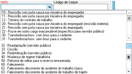 Lista de códigos RAIS para motivos de desligamento, incluindo rescisão indireta, transferência e falecimento.
