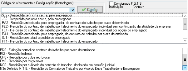Menu suspenso com códigos de afastamento Homolognet, como SJ2 (Despedida sem justa causa) e SJ1 (Rescisão a pedido do empregado).
