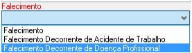 Menu suspenso com o título "Falecimento" e as opções: Falecimento, Falecimento Decorrente de Acidente de Trabalho e Falecimento Decorrente de Doença Profissional.