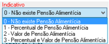 Menu suspenso "Indicativo" para configuração de Pensão Alimentícia, com opções de não existência, percentual, valor fixo ou ambos.