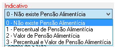 Menu suspenso "Indicativo" para configuração de Pensão Alimentícia, com opções de não existência, percentual, valor fixo ou ambos.