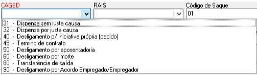 Menu de Códigos CAGED para desligamento, com opções como dispensa sem justa causa, término de contrato e acordo.
