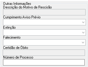 Seção "Outras Informações" com campos para motivo de rescisão, falecimento e número de processo.
