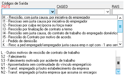 Menu de Códigos de Saída do FGTS, listando motivos como Rescisão com ou sem justa causa e pedido de demissão.