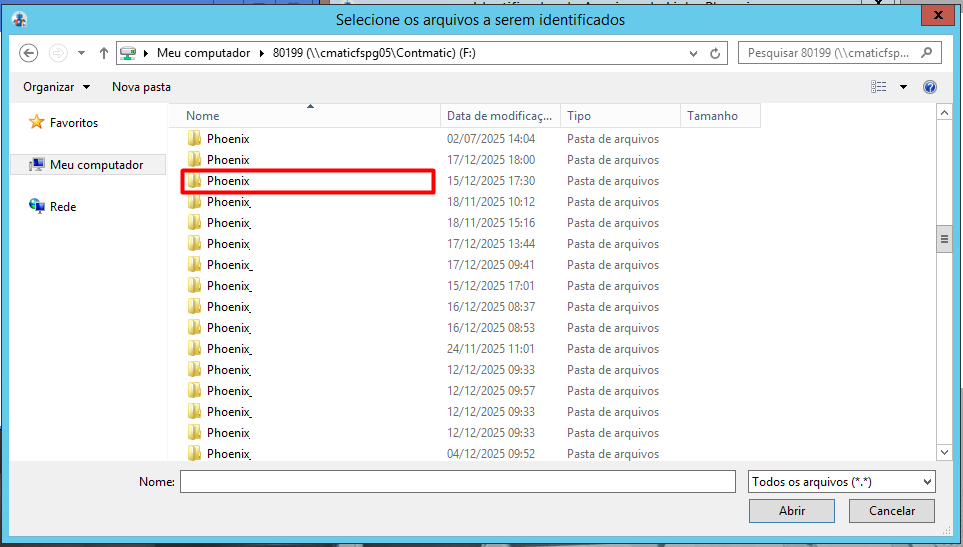 Lista de diretórios com destaque na pasta 'Phoenix_sara' para localização dos arquivos XML.