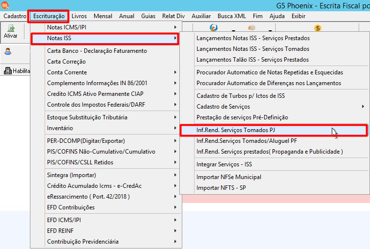 Menu 'Escrituração' selecionado, com os submenus 'Notas ISS' e 'Inf.Rend. Serviços Tomados PJ' destacados para acesso ao relatório.