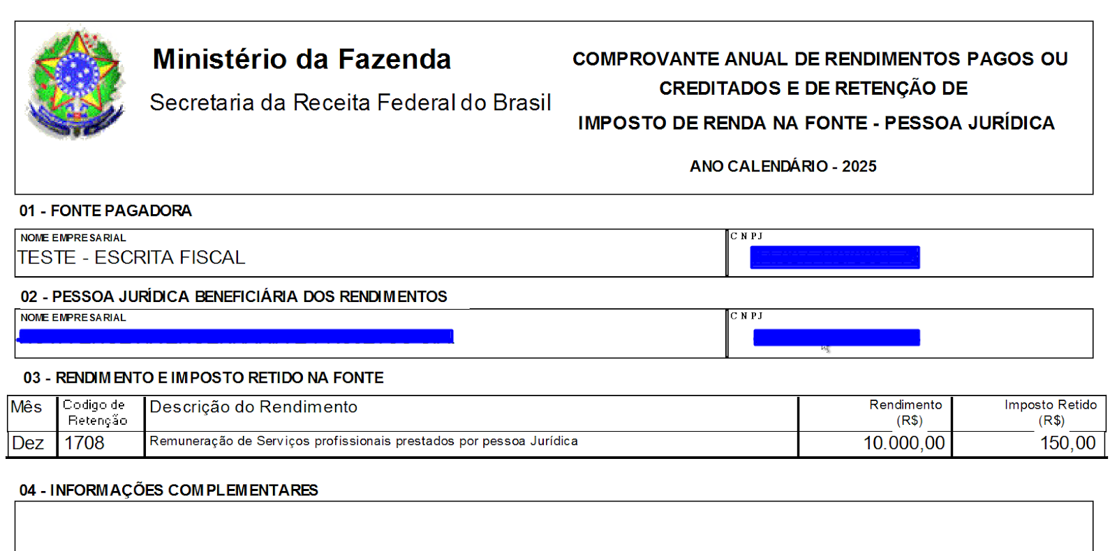 Detalhe das seções do comprovante de rendimentos, exibindo os dados da fonte pagadora, beneficiária e o quadro de rendimentos e impostos.
