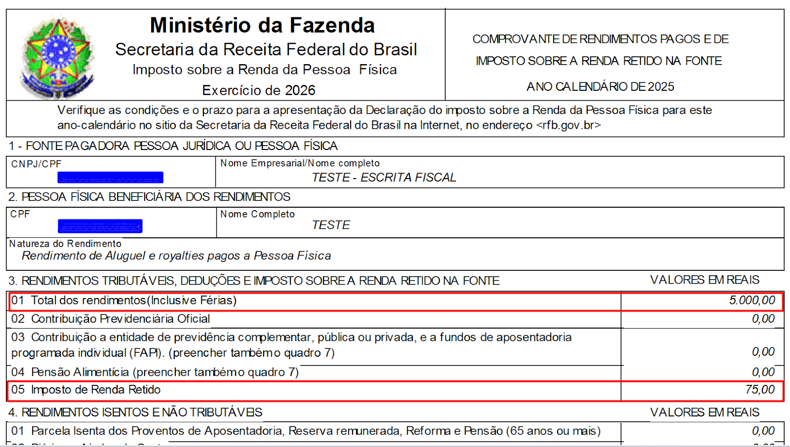 Trecho do informe com destaque em vermelho para o Total dos rendimentos de 5.000,00 e Imposto de Renda Retido de 75,00.